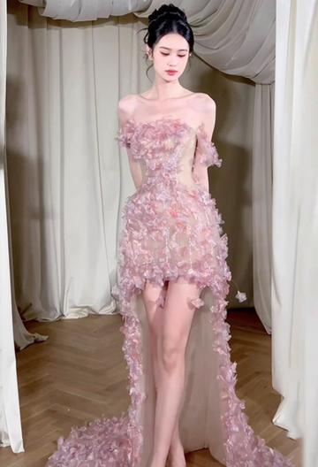 Romantic A Line Off the Shoulder Floral Tulle Prom Dress 16th Birthday Dress HZ1023